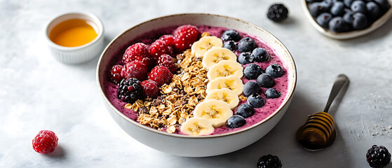 Berry Smoothie Bowl Topped with Granola, Banana Slices, and Fresh Berries
