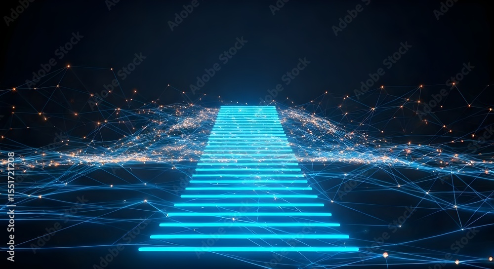 Poster 3d rendering of neon stairs with glowing lines and particles. futuristic background for banner, flye