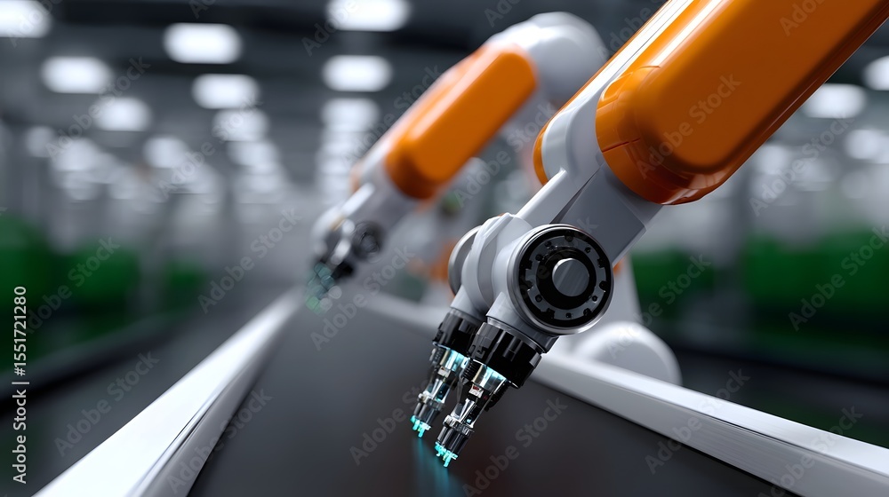 Poster robotic arms performing automated industrial tasks in a futuristic factory.