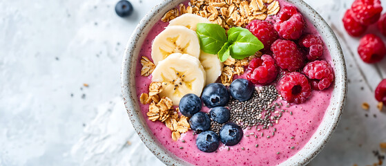 Berry Smoothie Bowl Topped with Granola, Bananas, Raspberries, and Blueberries