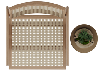 Top View Cutout of Wooden Rattan Chair and Small Decorative Plant on Transparent Background | Furniture Object Isolated PNG
