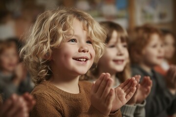 Happy caucasian child with curly hair clapping in classroom