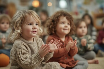 Group of happy children clapping during activity at kindergarten