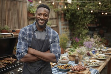 African male adult chef smiling at outdoor barbecue gathering with food spread
