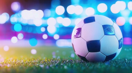 Naklejka premium Soccer leather ball resting on verdant field, illuminated backdrop stadium awaiting nighttime match