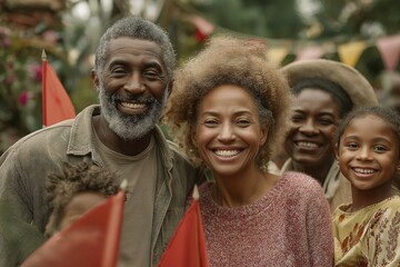 Smiling african family celebrating outdoors with flags in a joyful gathering
