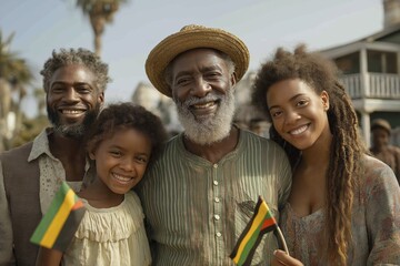 Happy african family celebrating outdoors with flags