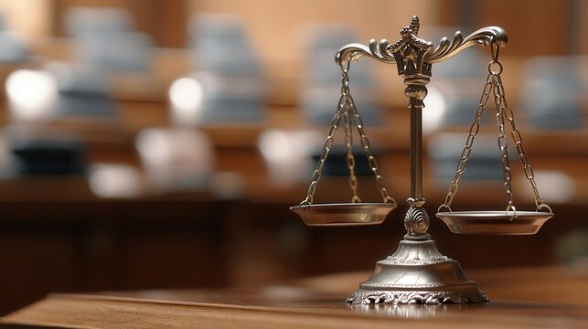 Metal scales of justice balancing on wooden law in courtroom, representing table system, justice, and legal