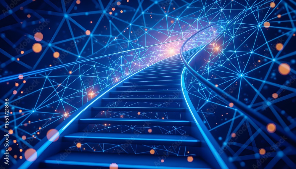 Poster abstract blue background with glowing neon stairs and connection lines. 3d rendering