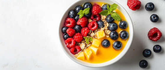 Colorful Berry and Mango Smoothie Bowl Topped with Granola and Fresh Mint