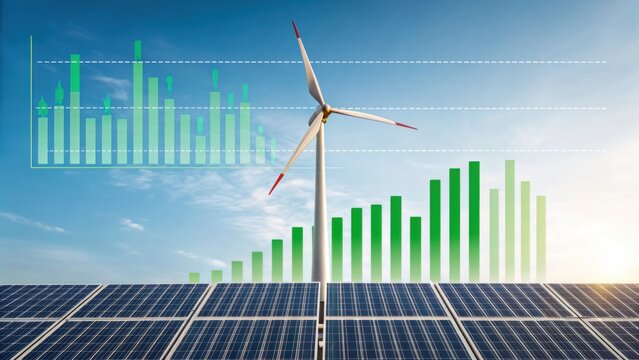 Wind turbine and solar panels under a blue sky with overlaid green bar graphs symbolizing renewable energy growth. - Powered by Adobe