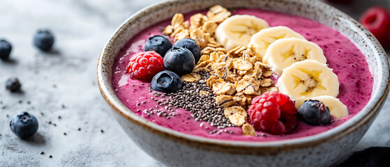Berry Smoothie Bowl Topped with Granola, Bananas, and Fresh Berries