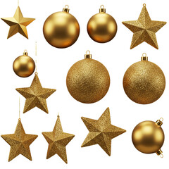 Illustration of Golden Baubles and Stars with Festive Sparkle on Transparent Background