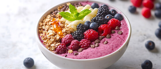 Berry Smoothie Bowl Topped with Granola, Fresh Berries, and Mint