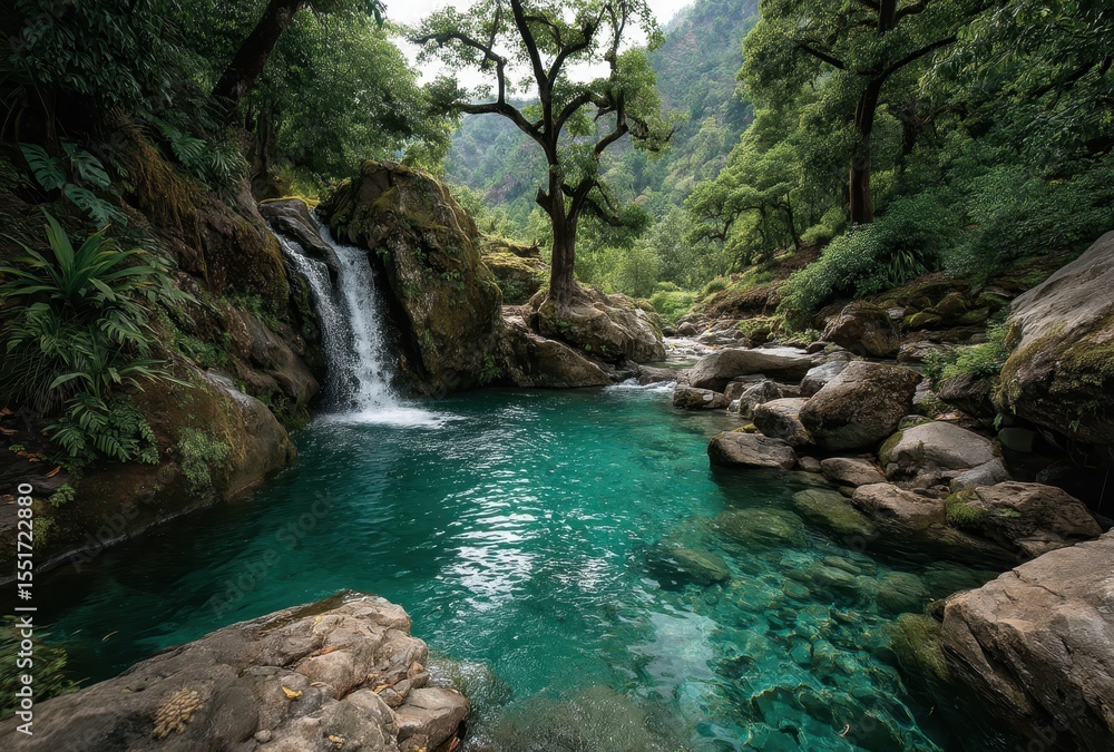 Poster serene waterfall cascading into clear pool surrounded by lush green trees and rocky terrain in a tra