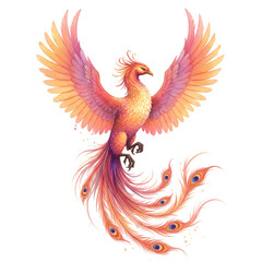 Illustration of Mythical Fiery Phoenix Bird with Orange and Red Feathers