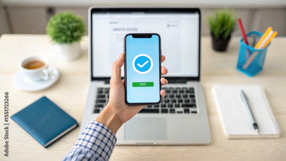 Poster a person holds a smartphone displaying a blue checkmark confirmation screen in front of a laptop on 