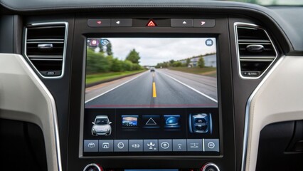 A car dashboard touchscreen displays a rearview camera feed with parking assistance and various control icons.