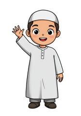 Illustration of Muslim Boy Waving Hand Wearing White Traditional Clothing