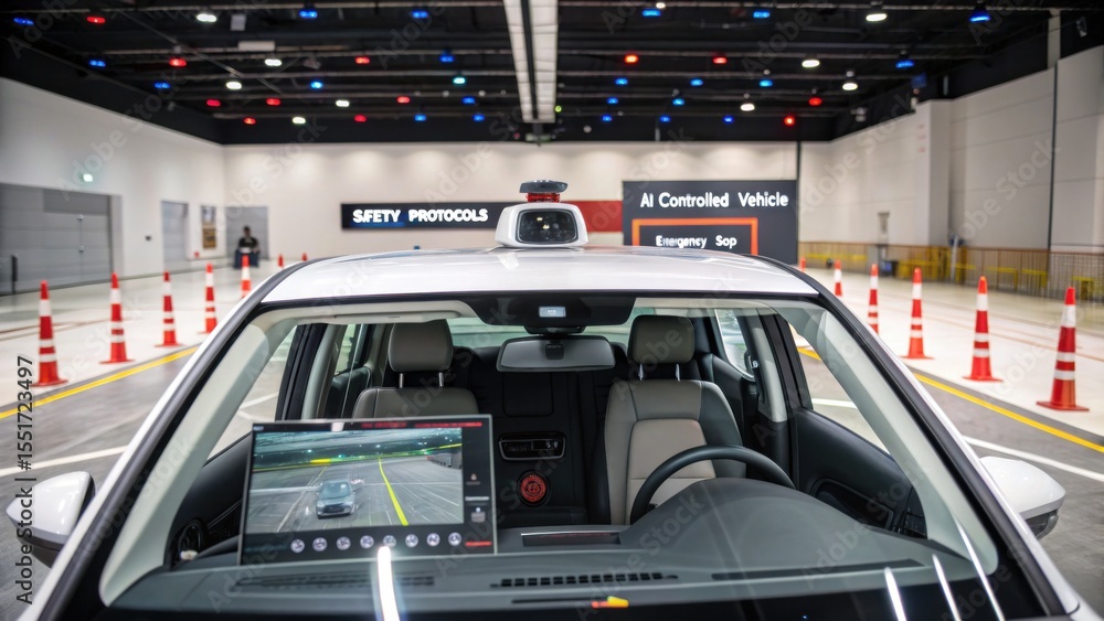 Poster interior view of an autonomous vehicle showcasing ai control and safety protocols in a test facility