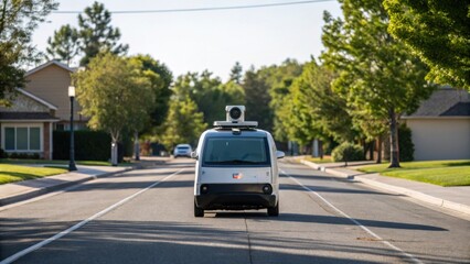 A small autonomous delivery vehicle drives down a suburban street, equipped with cameras and sensors for navigation.