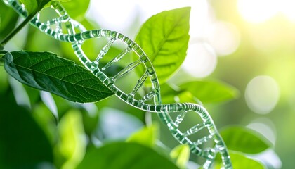 Conceptual image of CRISPR gene editing on plant DNA. Green tones and leafy textures symbolize agricultural biotechnology and nature integration.