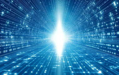 Blue background with a white circular light effect and lines of data technology, a futuristic digital abstract design vector illustration