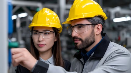 Industrial workers collaborating while wearing safety helmets and protective glasses.