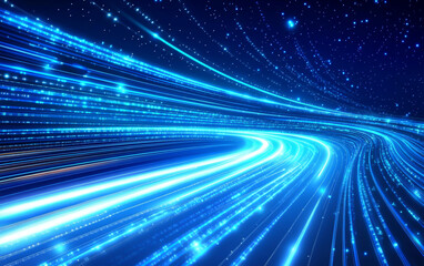 Blue background with a white circular light effect and lines of data technology, a futuristic digital abstract design vector illustration