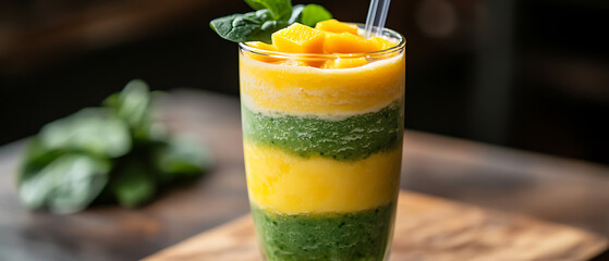 Layered Green and Yellow Smoothie with Mint Garnish