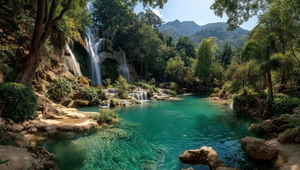 Fototapeta premium Serene Waterfall Surrounded by Lush Greenery and Clear Blue Pool in a Scenic Natural Landscape