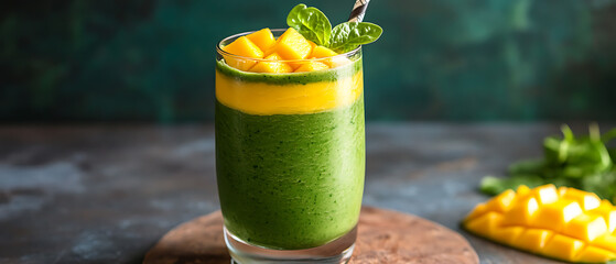 Layered Green and Mango Smoothie with Fresh Garnish
