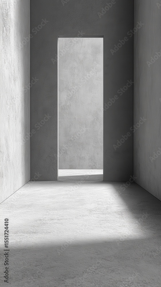 Poster sunlight illuminating empty concrete room through a door, creating open mysterious and minimalist at