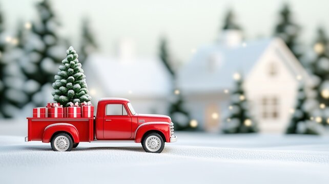 Red toy pickup truck carrying christmas tree and gifts is driving on snowy road to house in blurred background
