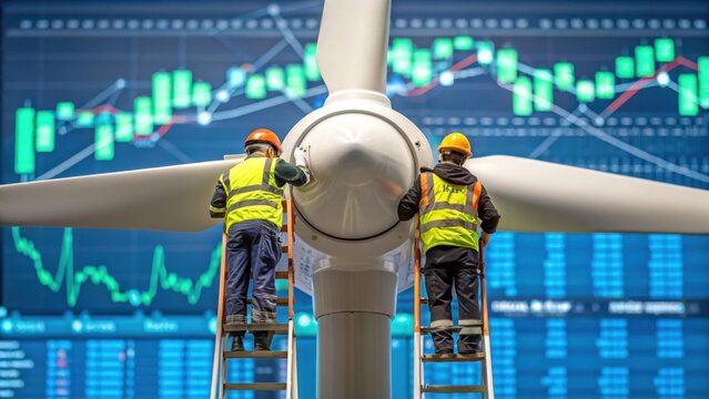 Two workers in safety gear inspect a wind turbine blade with financial charts displayed on a large screen behind them. - Powered by Adobe