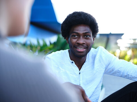 Man having a conversation outside