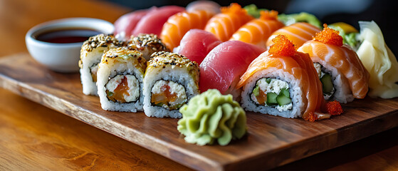 Assorted Sushi Platter with Maki Rolls and Sashimi on a Wooden Board
