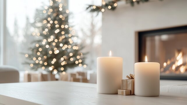 Flickering candles, presents festive near fireplace, wrapped living room with decorated christmas tree, warm holiday atmosphere