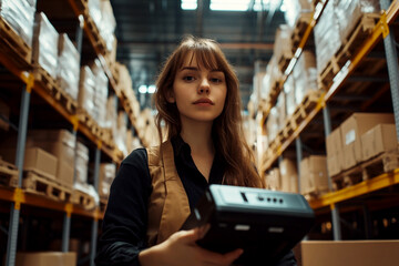 Female worker scanning a barcode with a machine in a warehouse, meticulously managing inventory and accounting on industrial shelving