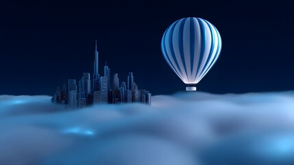 A hot air balloon floating above a serene, minimalist cityscape at night