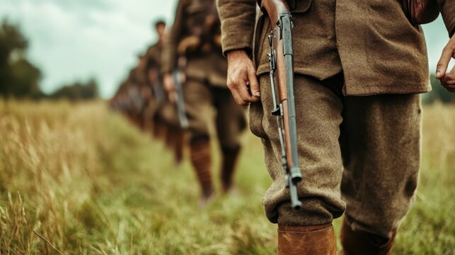 A powerful image of soldiers in military attire, marching in a line through a grassy field, representing unity, discipline, and collective strength during wartime.