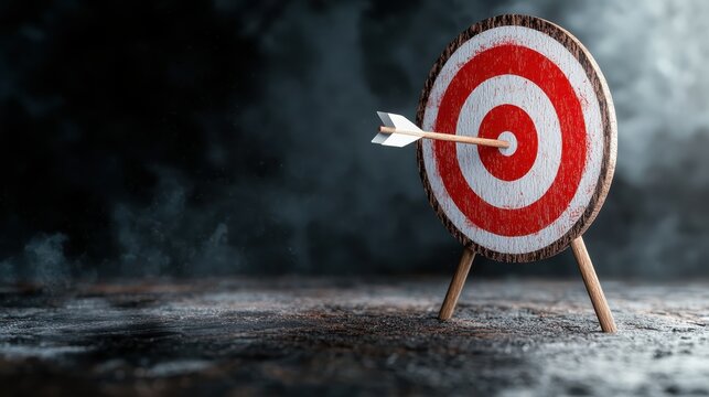 This striking image captures a wooden target with a red and white bullseye, featuring a single arrow lodged in it, symbolizing precision and the pursuit of goals.