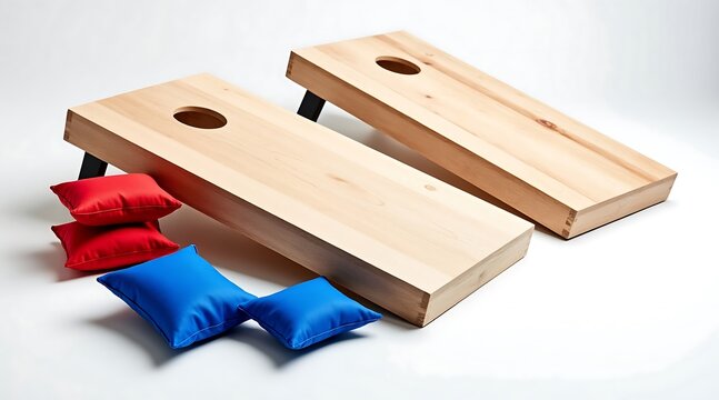 Two wooden cornhole boards with red and blue bean bags