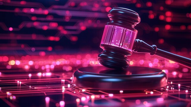 Gavel resting on sound block online digital circuit board, representing cyber law, on auction, or digital justice