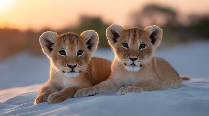 Obraz premium Two adorable lion cubs resting in the wild