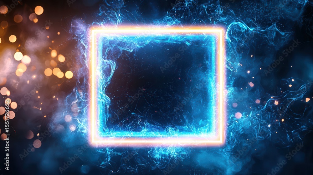Poster background and blue neon square frame glowing on a dark backdrop with smoke and bokeh lights, creati