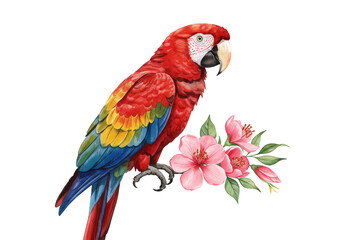 Fototapeta premium Illustration of Vibrant Parrot with Flowers Isolated on Transparent Background