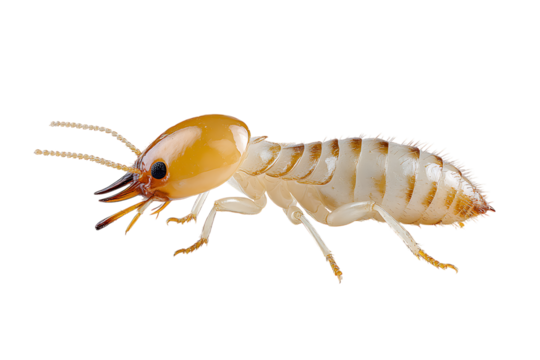 Detailed image of a subterranean termite on a black background.