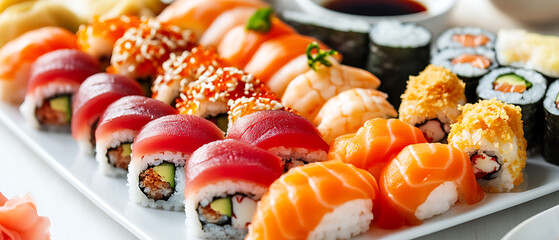 Assorted Sushi Platter with Tuna, Salmon, and Tempura Varieties