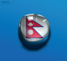 Nepal flag icon. 3D glossy round button with the unique non-rectangular flag. Modern sphere for web and apps, isolated on a blue background.
